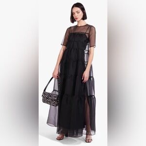 STAUD Hyacinth Black Tiered Dress with Cuffed Sleeves